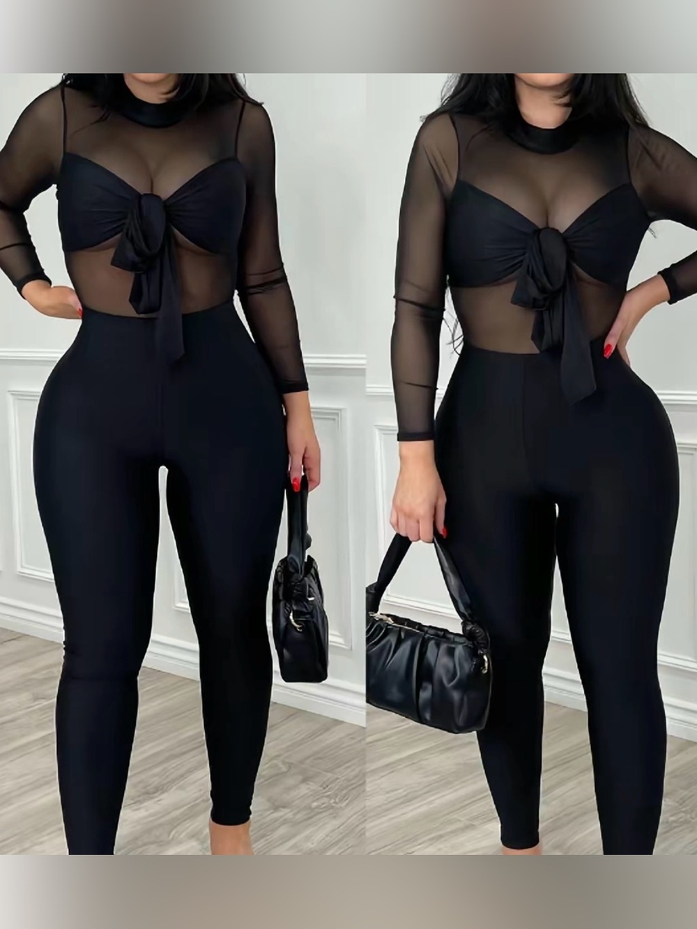 Black Sheer Mesh Tie-Front Jumpsuit – Size S